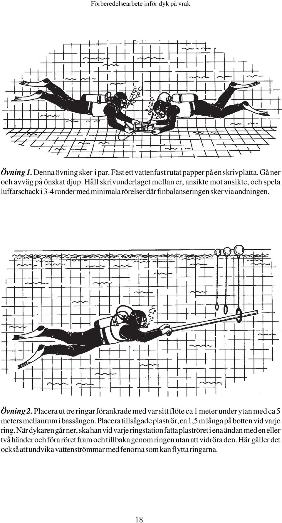 Placera ut tre ringar förankrade med var sitt flöte ca 1 meter under ytan med ca 5 meters mellanrum i bassängen.