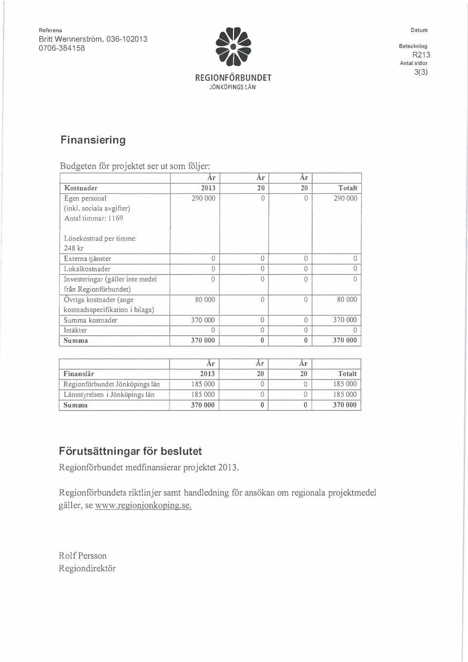 kostnader (ange 80 000 kostnadsspeci fikation i bilaga) Summa kostnader 370 000 Intäkter Summa 370 000 80 000 370 000 370 000 Ar Finansiär 2013 Regionförbundet Jönköpings län 185000 Länsstyrelsen i