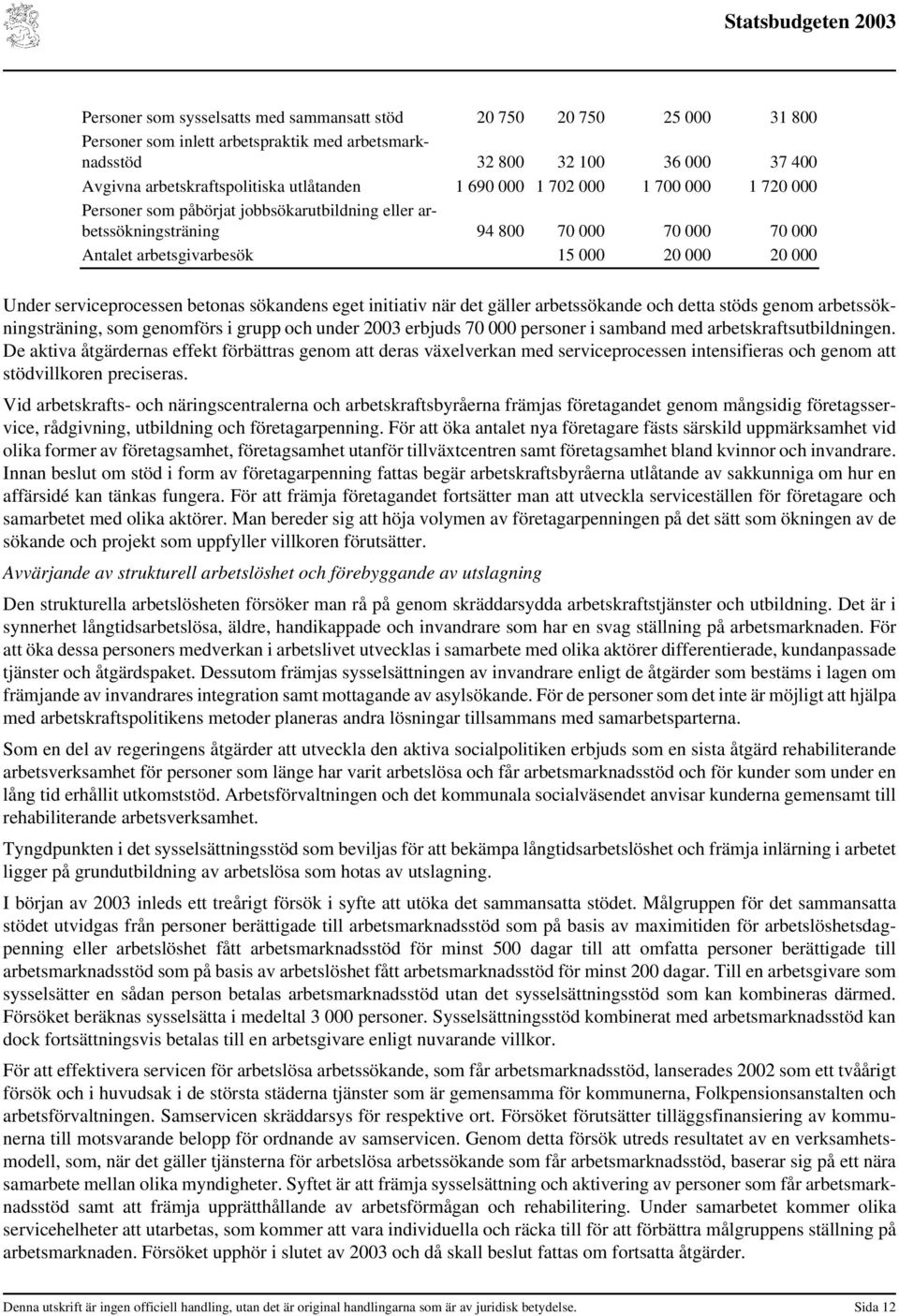 serviceprocessen betonas sökandens eget initiativ när det gäller arbetssökande och detta stöds genom arbetssökningsträning, som genomförs i grupp och under 2003 erbjuds 70 000 personer i samband med