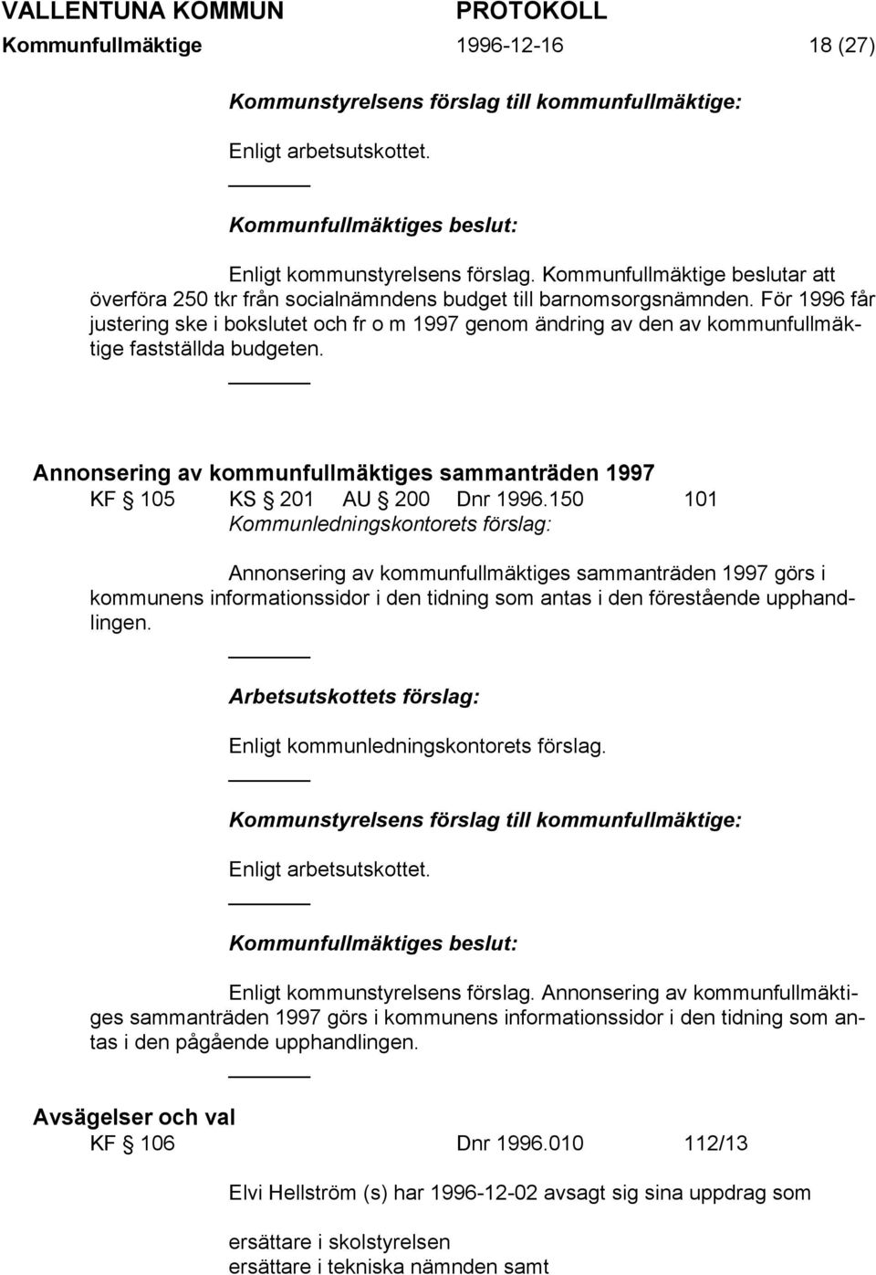 Annonsering av kommunfullmäktiges sammanträden 1997 KF 105 KS 201 AU 200 Dnr 1996.