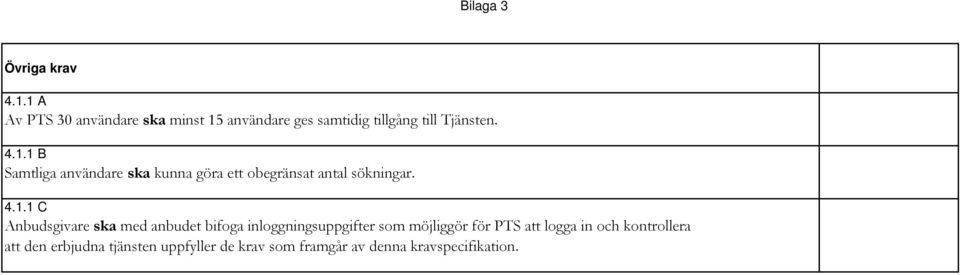 4.1.1 C Anbudsgivare ska med anbudet bifoga inloggningsuppgifter som möjliggör för PTS att