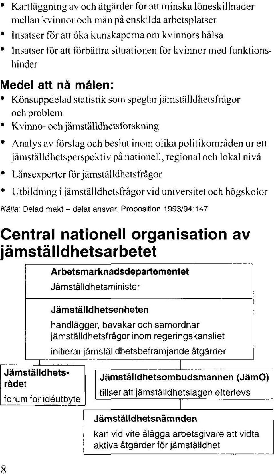 Proposition 1993/94:147 Central nationell organisation av jämställdhetsarbetet Arbetsmarknadsdepartementet Jämställdhetsminister Jämställdhetsenheten handlägger, bevakar och samordnar