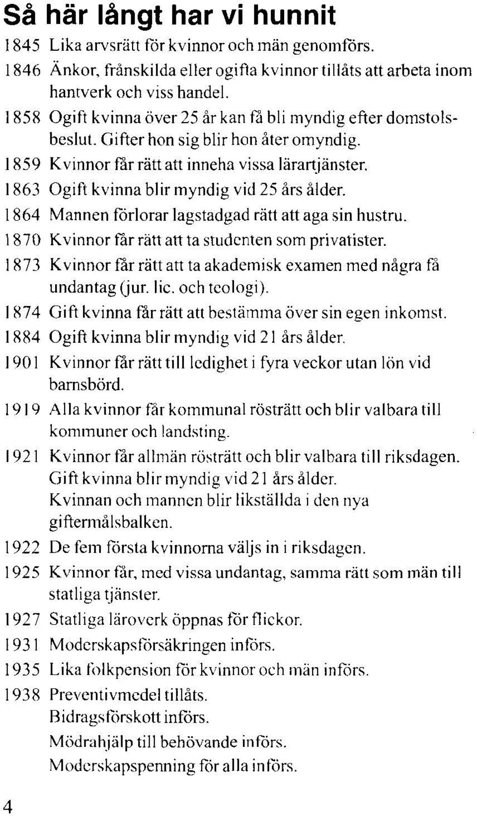 1863 Ogift kvinna blir myndig vid 25 års ålder. 1864 Mannen förlorar lagstadgad rätt att aga sin hustru. 1870 Kvinnor får rätt att ta studenten som privatister.