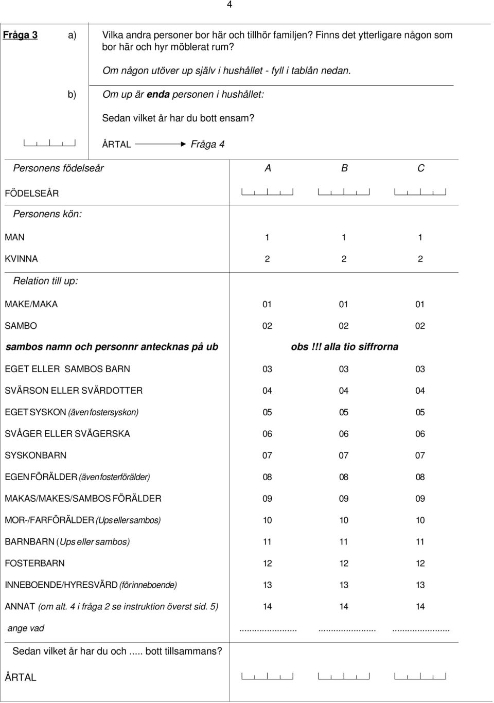 ÅRTAL Fråga 4 Personens födelseår A B C FÖDELSEÅR Personens kön: MAN 1 1 1 KVINNA 2 2 2 Relation till up: MAKE/MAKA 01 01 01 SAMBO 02 02 02 sambos namn och personnr antecknas på ub obs!