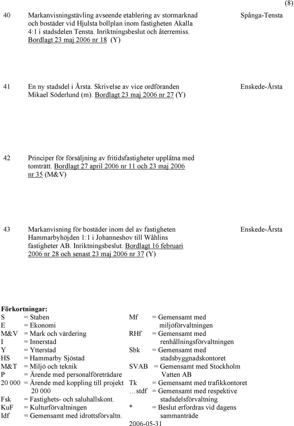 Bordlagt 23 maj 2006 nr 27 (Y) Enskede-Årsta 42 Principer för försäljning av fritidsfastigheter upplåtna med tomträtt.