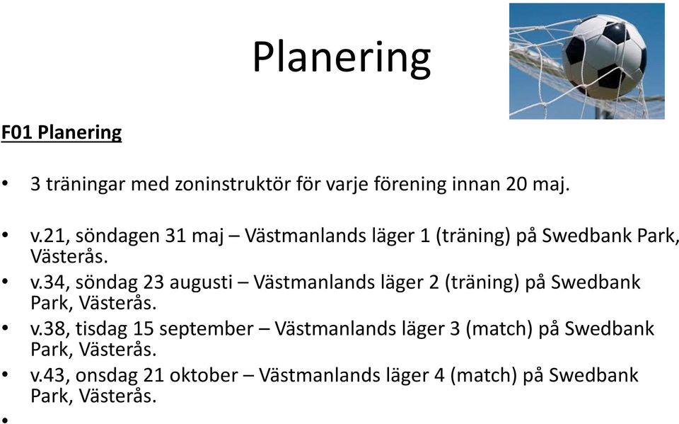 21, söndagen 31 maj Västmanlands läger 1 (träning) på Swedbank Park, Västerås. v.