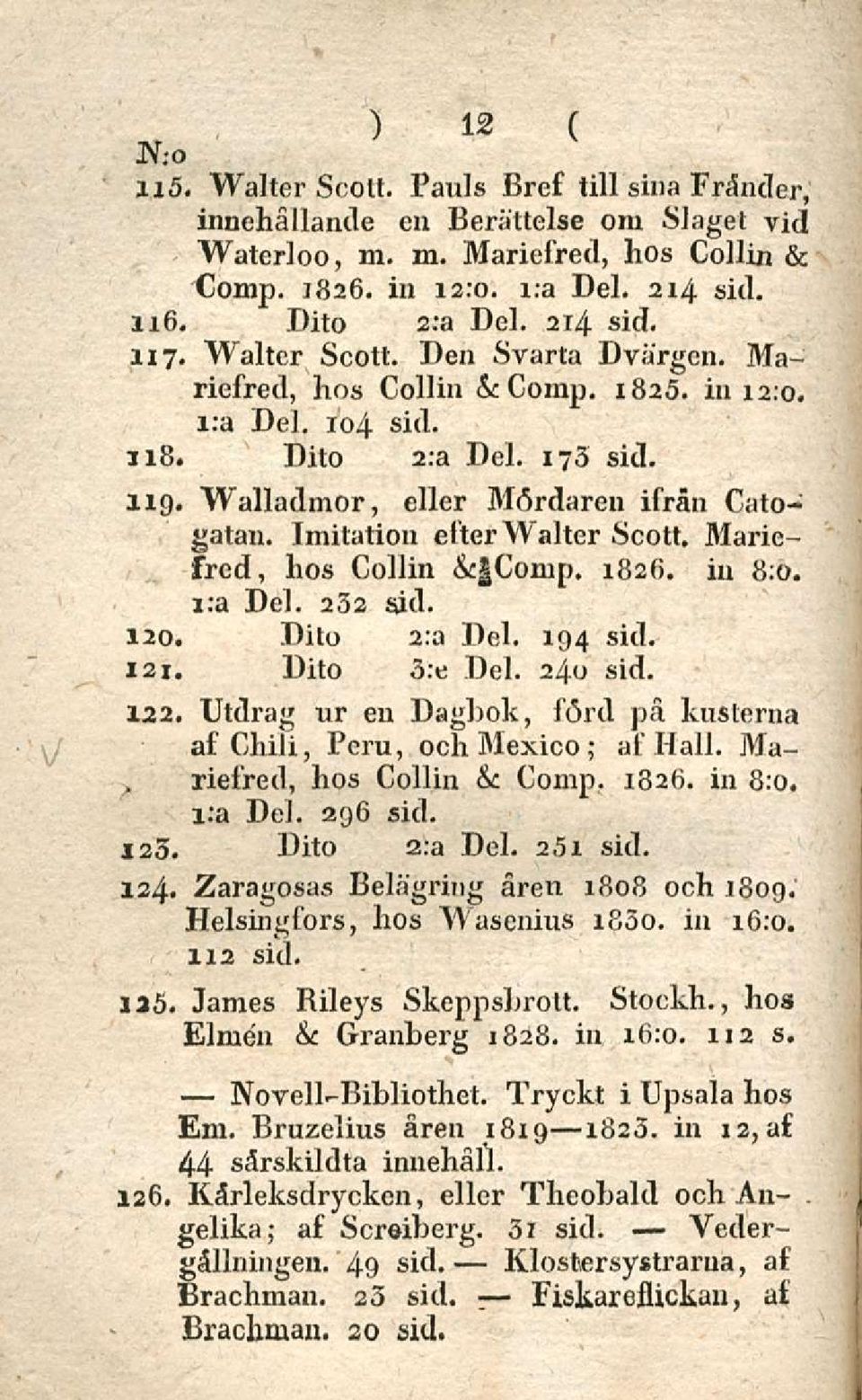 Imitation efter Walter Scott. Mariefred, hos Collin & Comp. 1826. in 8:0. x:a Del. 232 sid. 120. Dito 2:a Del. 194 sid. 121. Dito 3:e Del. 240 sid. 122.