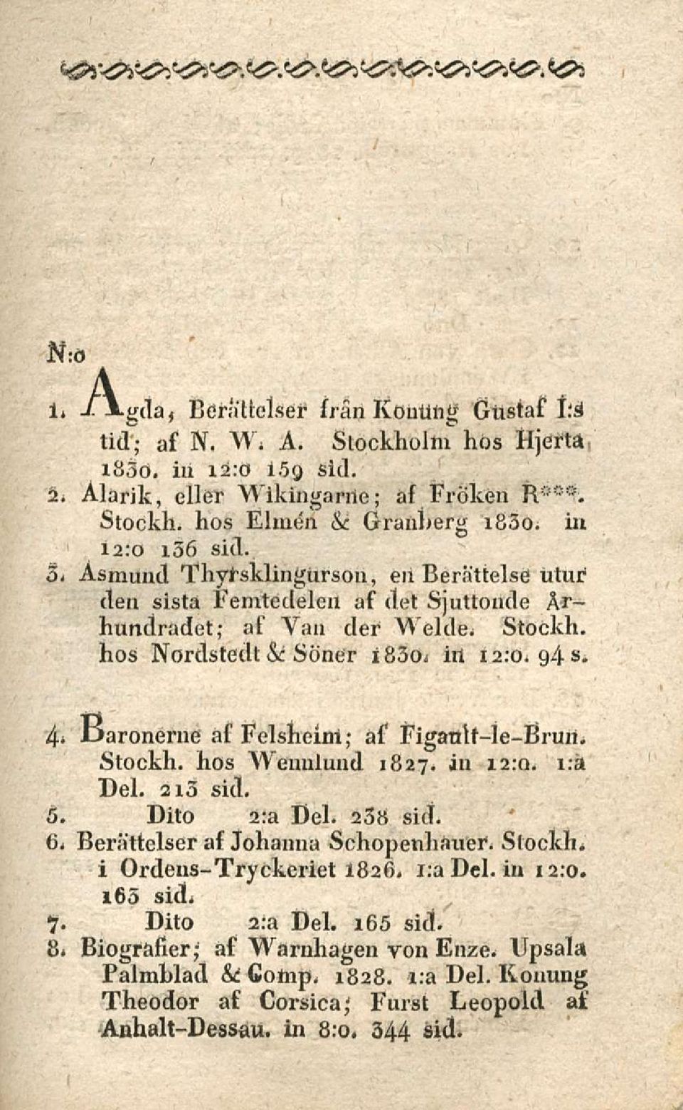 4* JJaronerne af Felsheim; af Figanif-le-Bruri. Stockh. hos Wenulund 1827. in 12:0. i:ä Del. 2i3 sid. 5. Dito 2:a Del. 238 sid.