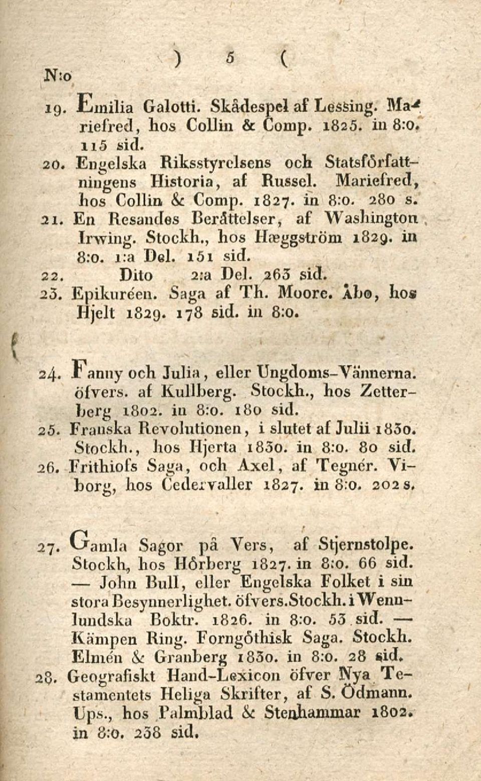 Saga af Th. Moore. Äb, hos Hjelt 1829. 178 sid. in 8:0. 24. -t anny och Julia, eller Ungdoms-Vännerna. öfvers. af Kullberg. Stockh., hos Zetterberg 1802. in 8:0. 180 sid. 25.