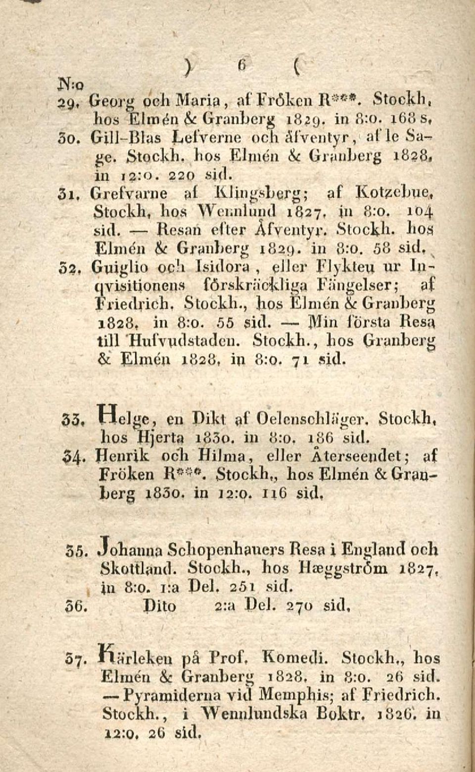 i Lsidora, euer Flykteu ur Jnqvisitionens förskräckliga Fangelser; af Friedrich, Stockh., hos Einien &c Granberg 1828, in 8:0..55 sid. Min lörsta Resa. tili HulVudstadcn. Stockh., hos Granberg & Einien 1828, in 8:0.