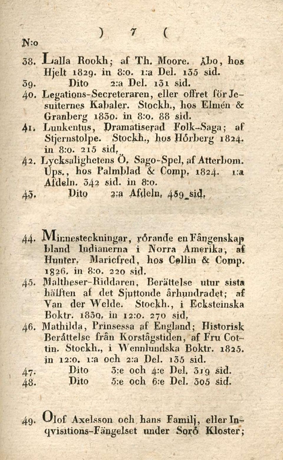 , hos Palmblad & Conip, 1824. i.a Äidein. 342 sid. in 8"o. 43, Pito 3,a Afdeln, 459_sid, 44- JVlinnesteckningar, rörande en Fångenskaj» Hand ludianerna i Norra Amerika, af Hunter.