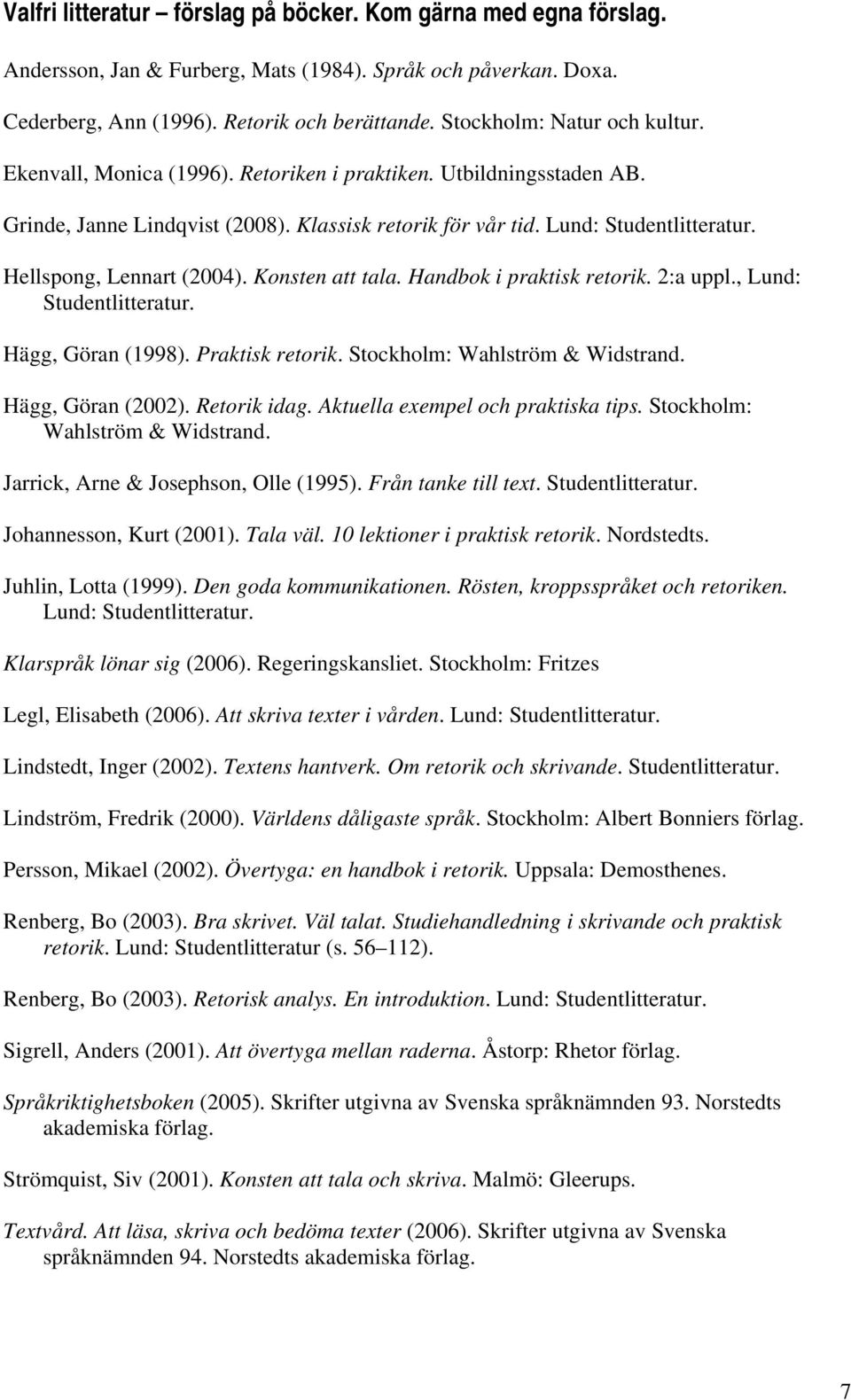 Hellspong, Lennart (2004). Konsten att tala. Handbok i praktisk retorik. 2:a uppl., Lund: Studentlitteratur. Hägg, Göran (1998). Praktisk retorik. Stockholm: Wahlström & Widstrand. Hägg, Göran (2002).