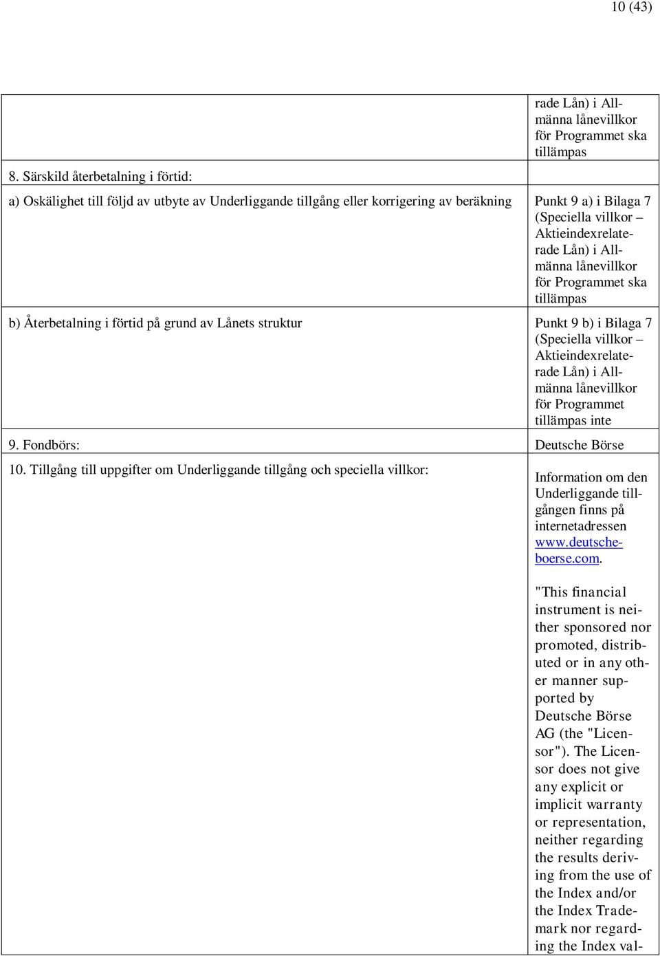 Bilaga 7 (Speciella villkor Aktieindexrelaterade Lån) i Allmänna lånevillkor för Programmet ska tillämpas b) Återbetalning i förtid på grund av Lånets struktur Punkt 9 b) i Bilaga 7 (Speciella