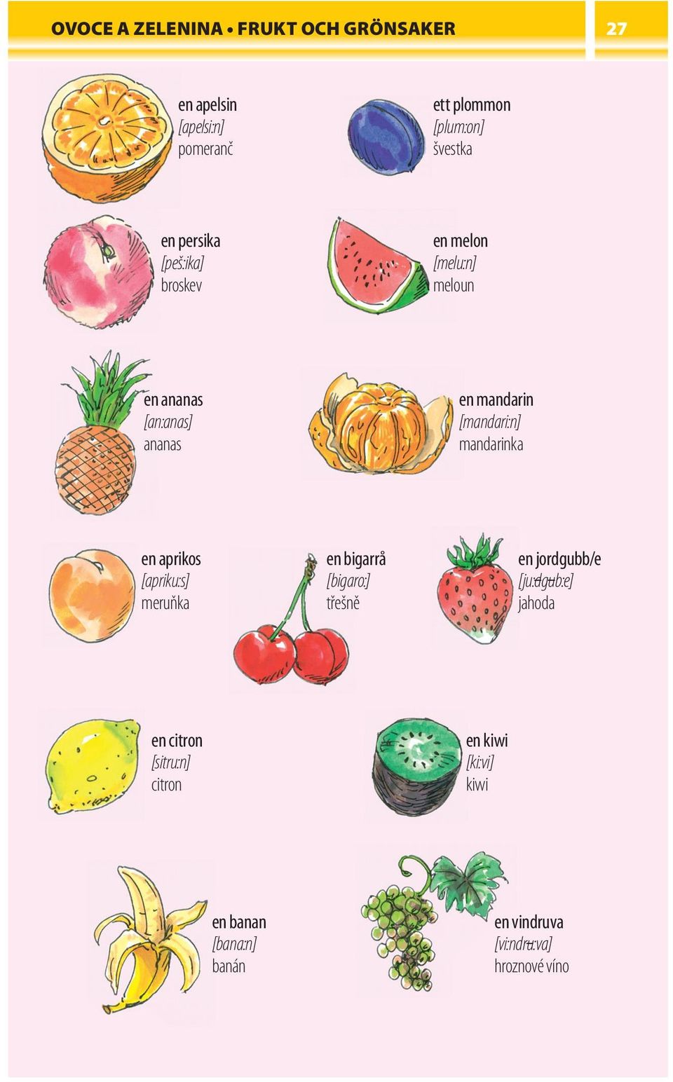 mandarinka en aprikos [apriku:s] meruňka en bigarrå [bigaro:] třešně en jordgubb/e [ju:dgub:e] jahoda en