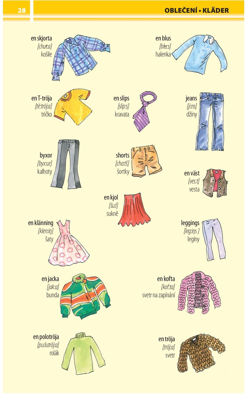 kjol [šu:l] sukně shorts [cho:tš] šortky en väst [ves:t] vesta leggings [leg:iŋs ] legíny en jacka