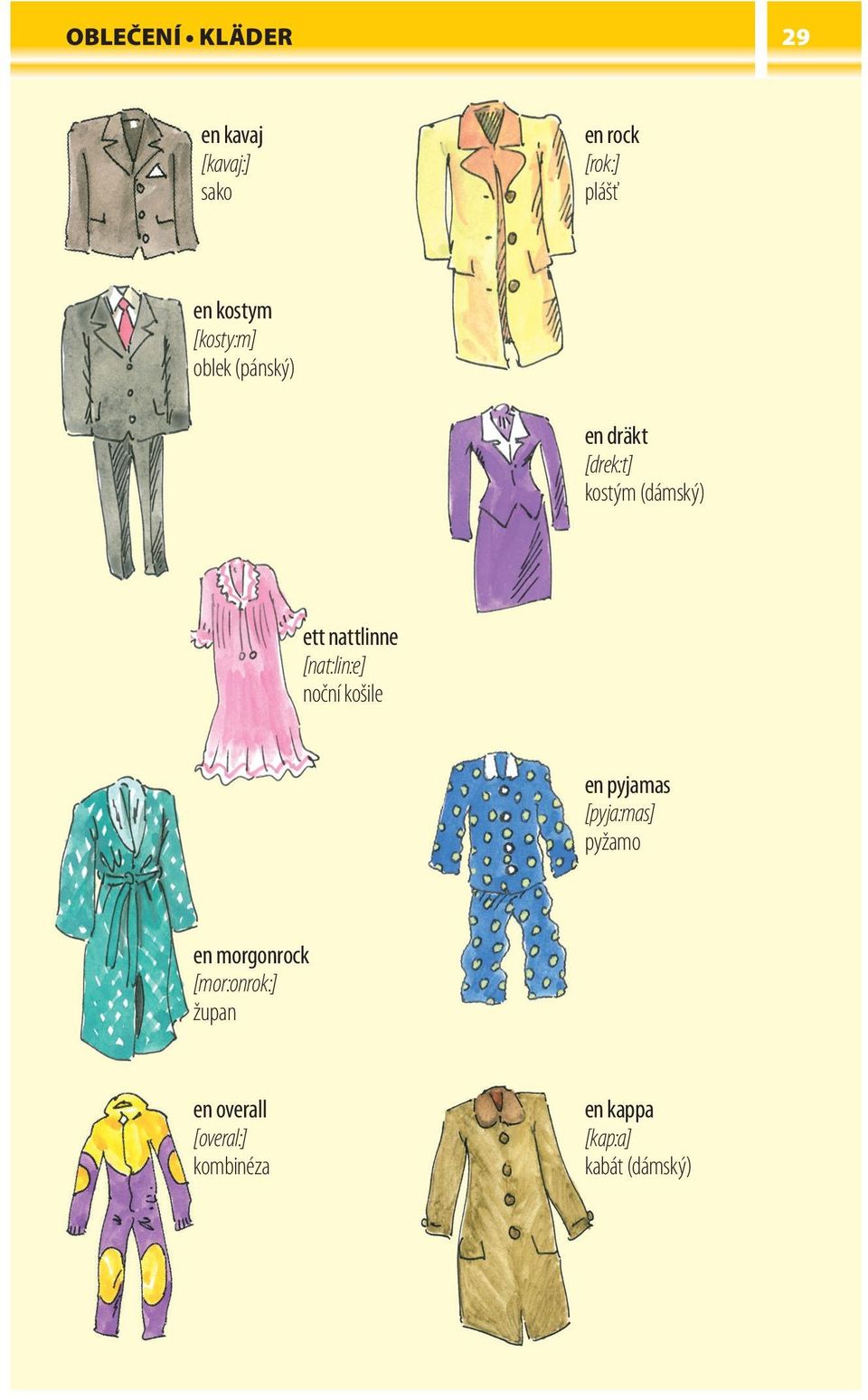 [nat:lin:e] noční košile en pyjamas [pyja:mas] pyžamo en morgonrock