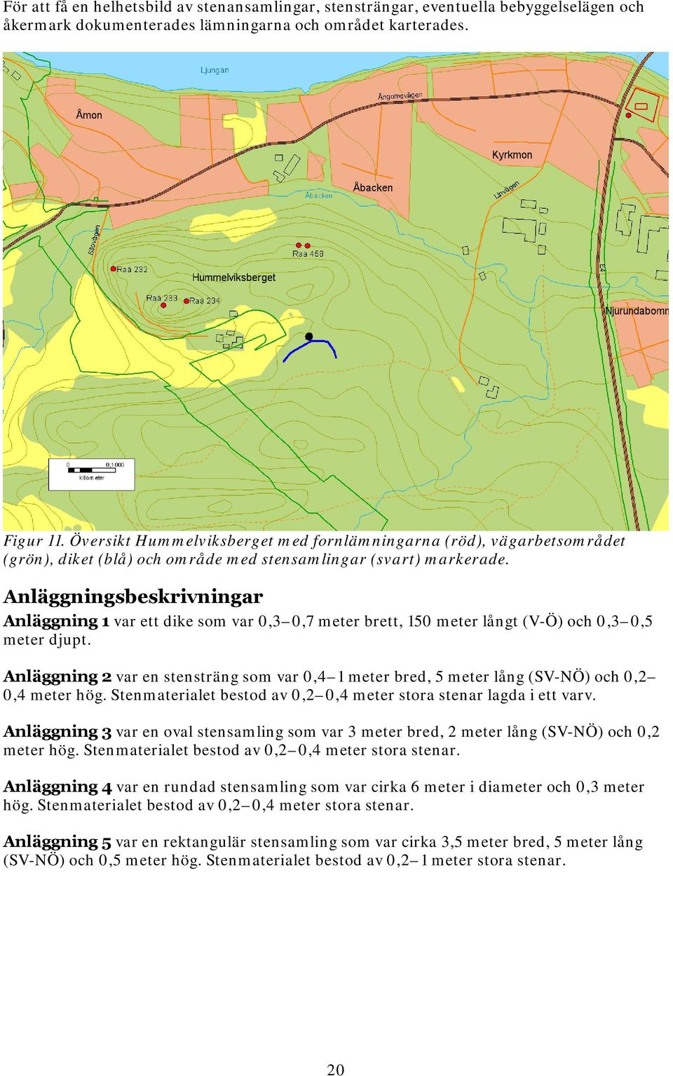 Anläggningsbeskrivningar Anläggning 1 var ett dike som var 0,3 0,7 meter brett, 150 meter långt (V-Ö) och 0,3 0,5 meter djupt.