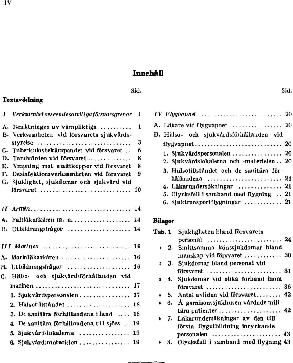 Sjuklighet, sjukdomar och sjukvård vid försvaret 10 II Armén 14 A. Fältläkarkåren m. m. 14 B. Utbildningsfrågor 14 III Marinen 16 A. Marinläkarkåren 16 B. Utbildningsfrågor 16 C.