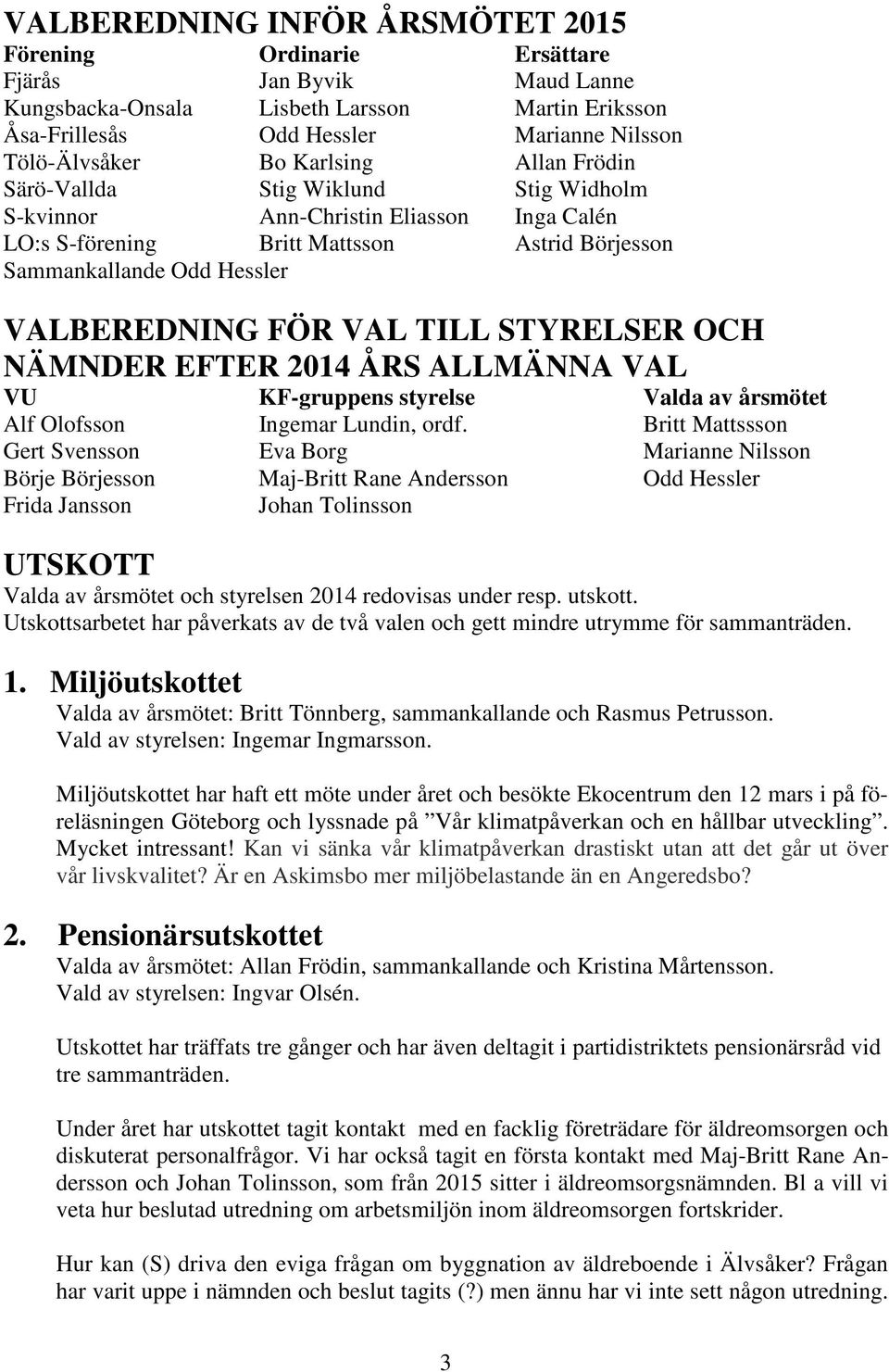 TILL STYRELSER OCH NÄMNDER EFTER 2014 ÅRS ALLMÄNNA VAL VU KF-gruppens styrelse Valda av årsmötet Alf Olofsson Ingemar Lundin, ordf.