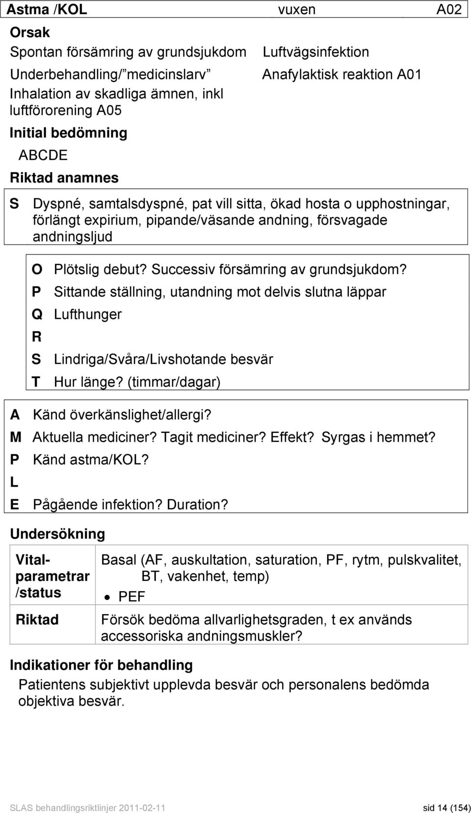 Successiv försämring av grundsjukdom? P Sittande ställning, utandning mot delvis slutna läppar Q Lufthunger R S Lindriga/Svåra/Livshotande besvär T Hur länge?