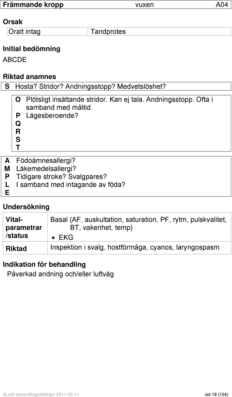 P Tidigare stroke? Svalgpares? L I samband med intagande av föda?