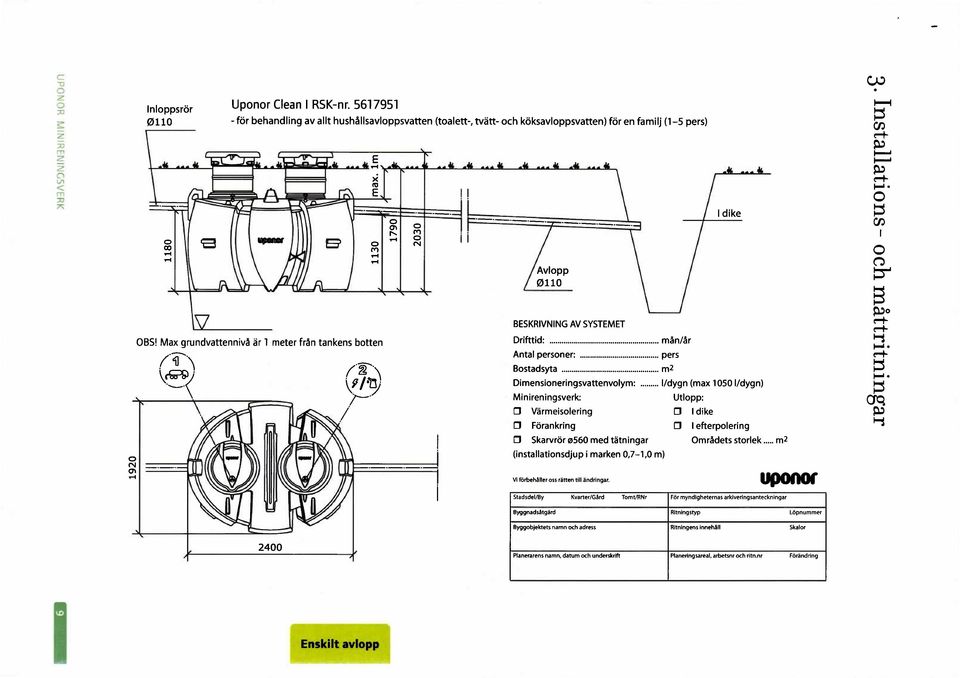 Max grundvattennivå år 1 meter från tankens botten Drifttid: mån/år Antal personer: pers ' Bostadsyta m2 Dimensioneringsvattenvolym: 1/dygn (max 10501/dygn) Minireningsverk: Utlopp: 11 Vårmeisolering