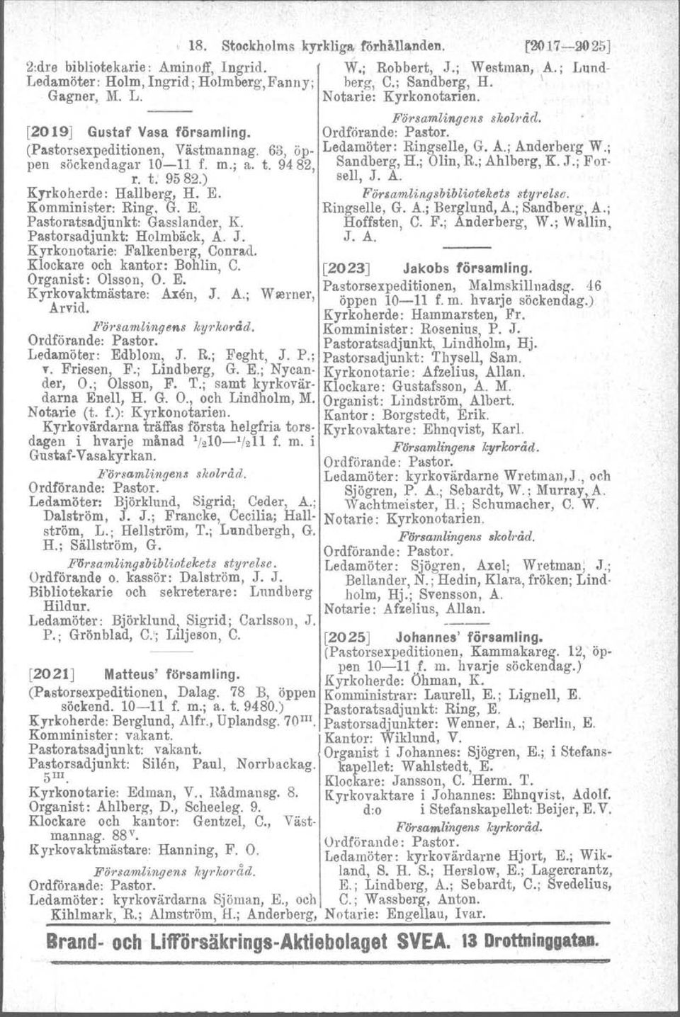 Komminister: Ring, G. E. Pastoratsadjunkt: Gasslander. K. Pastorsadjunkt: Holmbäck, A. J. Kyrkonotarie: Falkenberg, Conrad. Klockare och kantor: Bohlin, C. Organist: Olsson, O. E. Kyrkovaktmästare: Axen, J.