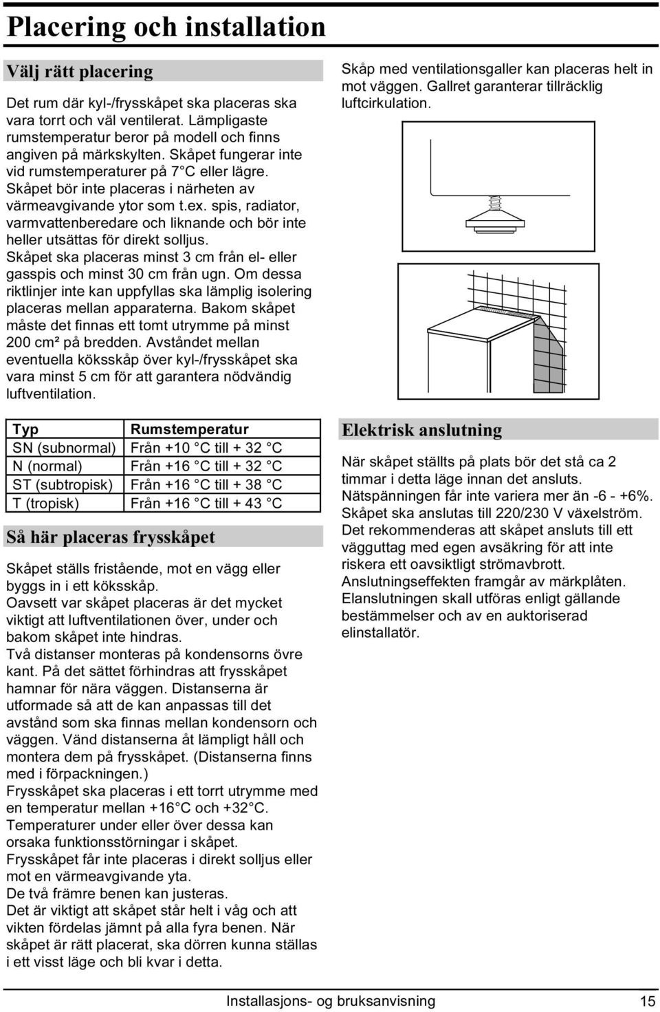 spis, radiator, varmvattenberedare och liknande och bör inte heller utsättas för direkt solljus. Skåpet ska placeras minst 3 cm från el- eller gasspis och minst 30 cm från ugn.
