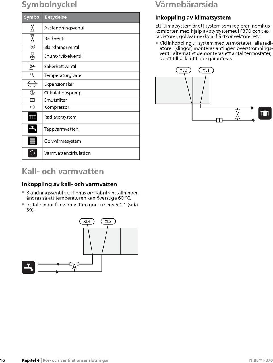 Vid inkoppling till system med termostater i alla radiatorer (slingor) monteras antingen överströmningsventil alternativt demonteras ett antal termostater, så att tillräckligt flöde garanteras.