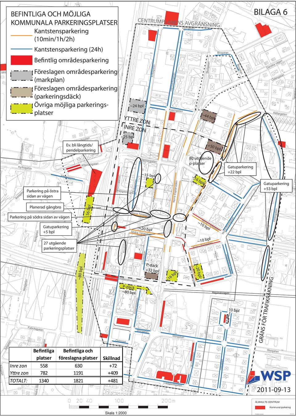 (24h) Befitlig områdesparkerig Föreslage områdesparkerig (markpla) Föreslage områdesparkerig (parkerigsdäck) Övriga möjliga parkerigs Parkerig på östra sida av väge Plaerad gågbro Parkerig på södra