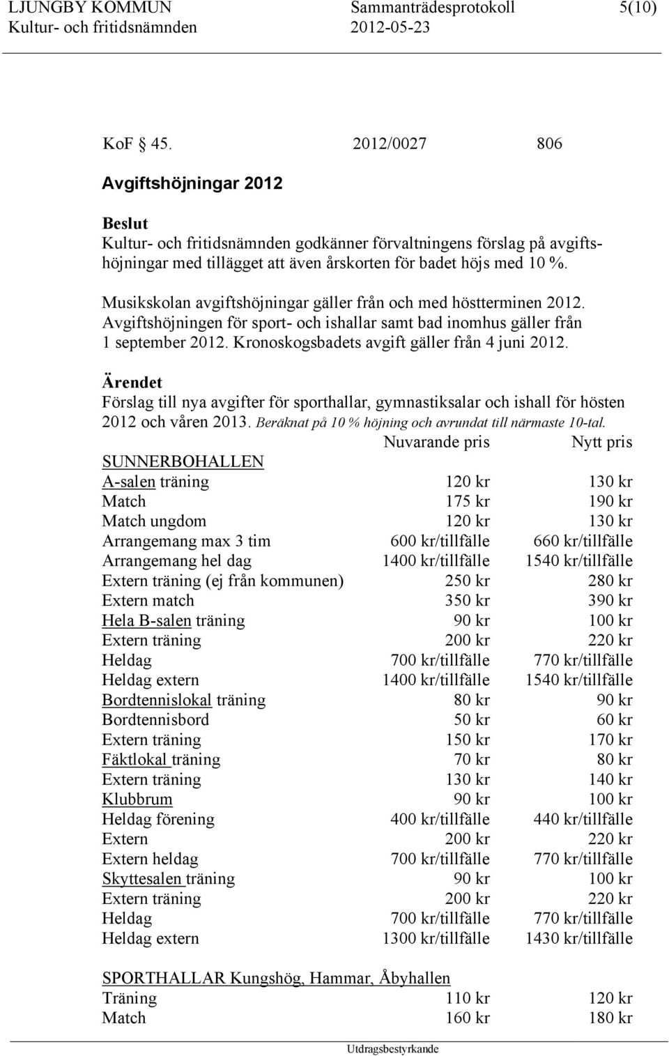 Musikskolan avgiftshöjningar gäller från och med höstterminen 2012. Avgiftshöjningen för sport- och ishallar samt bad inomhus gäller från 1 september 2012.