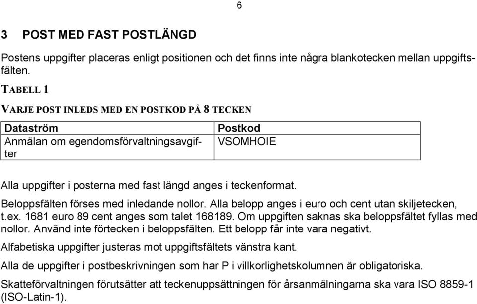 Beloppsfälten förses med inledande nollor. Alla belopp anges i euro och cent utan skiljetecken, t.ex. 1681 euro 89 cent anges som talet 168189. Om uppgiften saknas ska beloppsfältet fyllas med nollor.