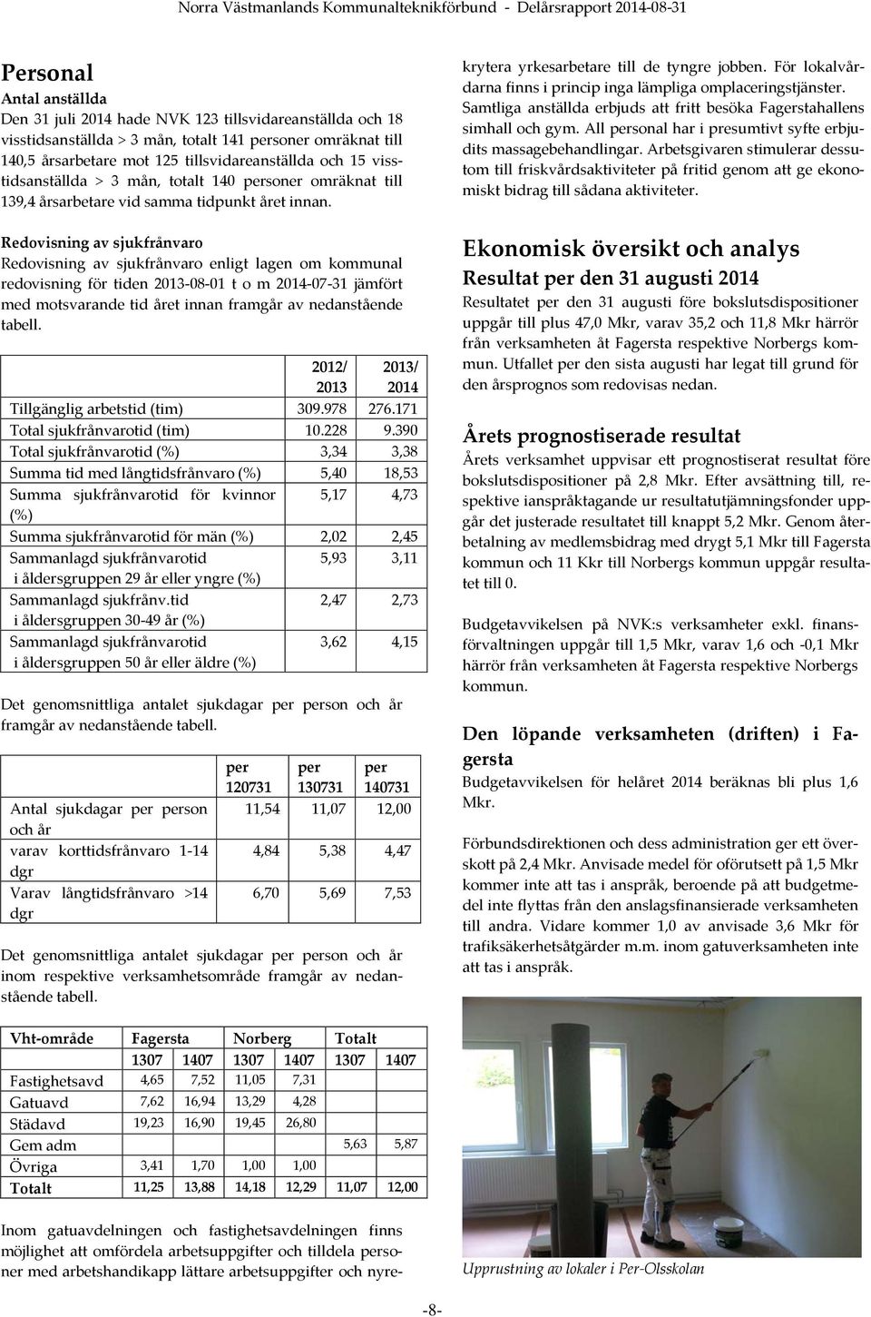 Redovisning av sjukfrånvaro Redovisning av sjukfrånvaro enligt lagen om kommunal redovisning för tiden 2013-08-01 t o m 2014-07-31 jämfört med motsvarande tid året innan framgår av nedanstående