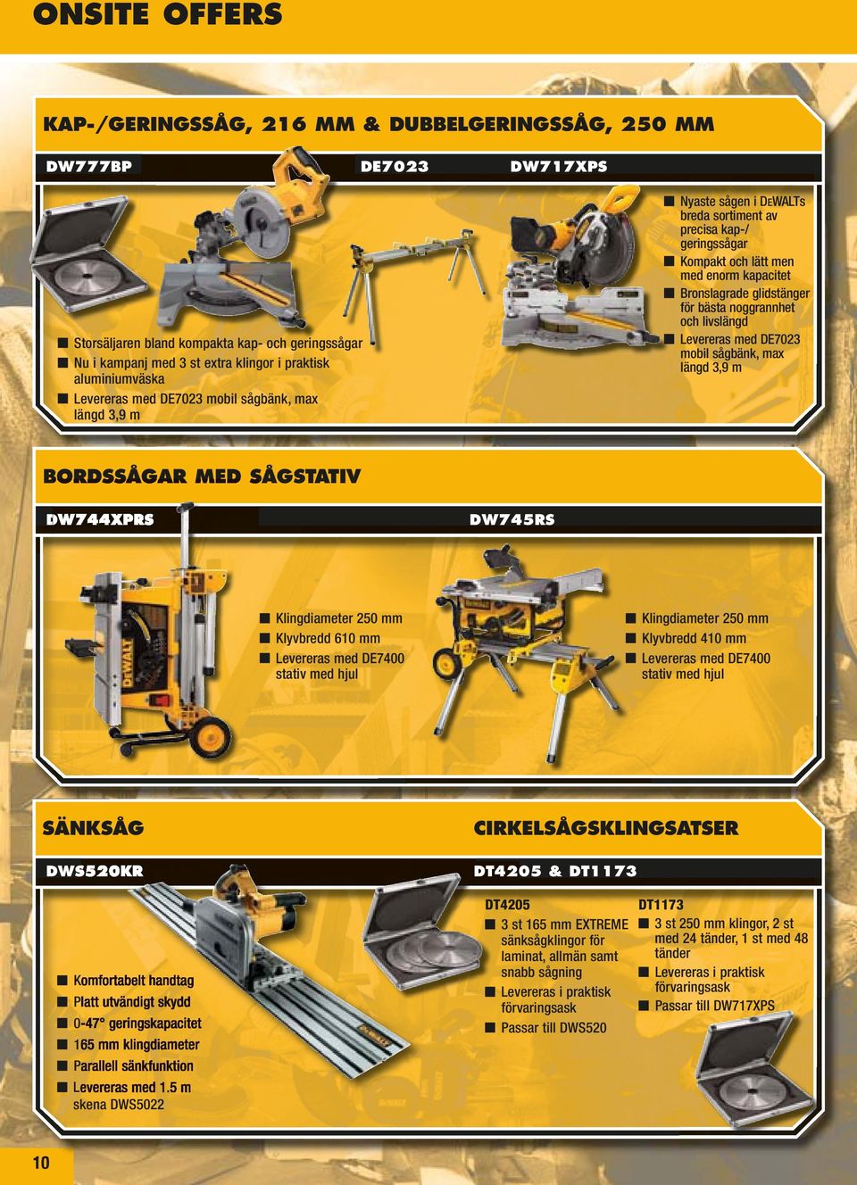 i praktisk aluminiumväska Levereras med DE7023 mobil sågbänk, max längd 3,9 m BORDSSÅGAR MED SÅGSTATIV DW744XPRS DW745RS Klingdiameter 250 mm Klyvbredd 610 mm Levereras med DE7400 stativ med hjul