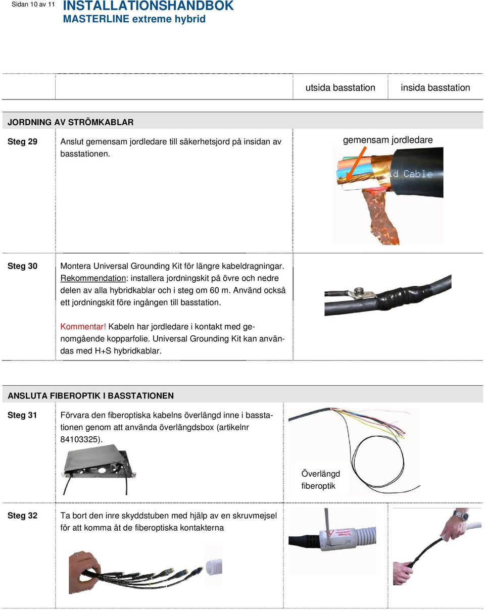 Använd också ett ningskit före ingången till basstation. Kommentar! Kabeln har ledare i kontakt med genomgående kopparfolie. Universal Grounding Kit kan användas med H+S hybridkablar.