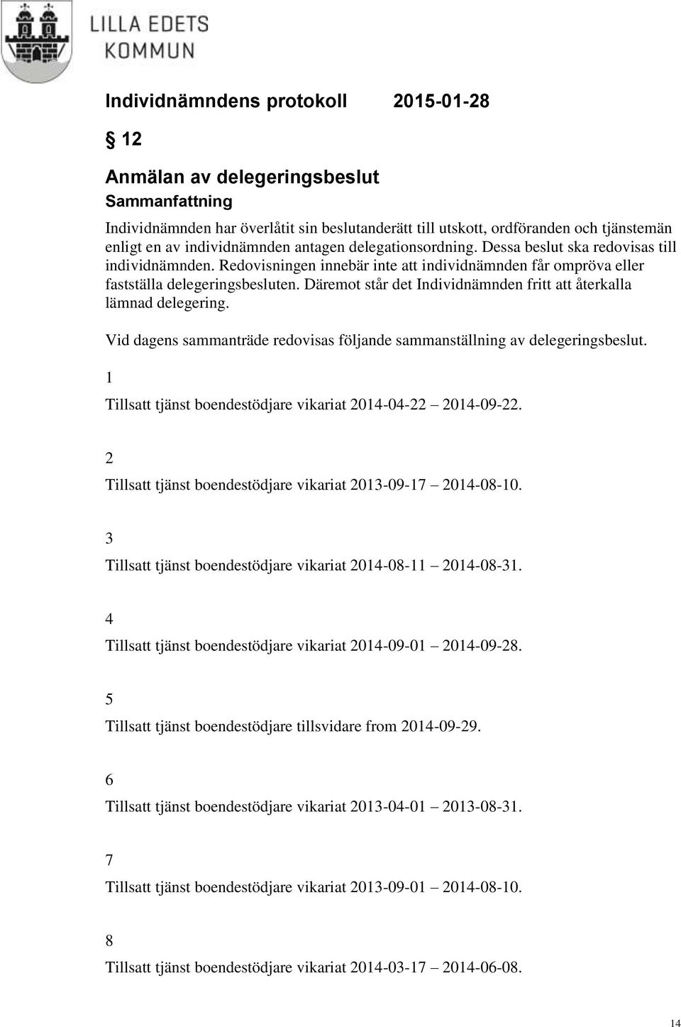 Däremot står det Individnämnden fritt att återkalla lämnad delegering. Vid dagens sammanträde redovisas följande sammanställning av delegeringsbeslut.