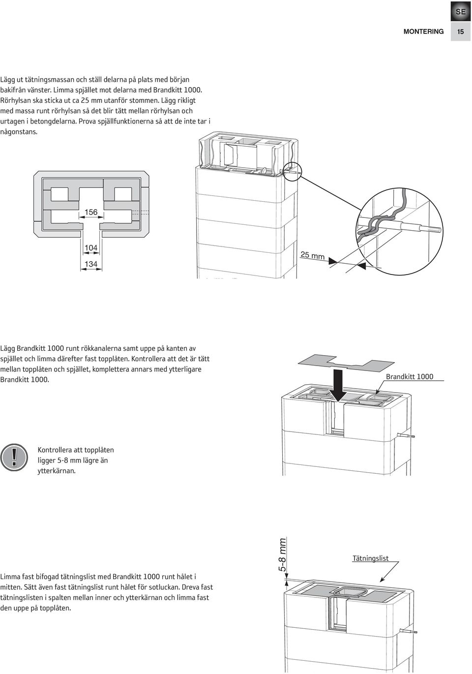156 104 134 25 mm Lägg Brandkitt 1000 runt rökkanalerna samt uppe på kanten av spjället och limma därefter fast topplåten.
