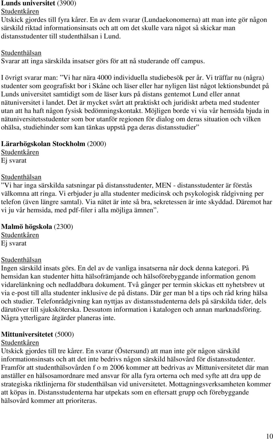 Svarar att inga särskilda insatser görs för att nå studerande off campus. I övrigt svarar man: Vi har nära 4000 individuella studiebesök per år.