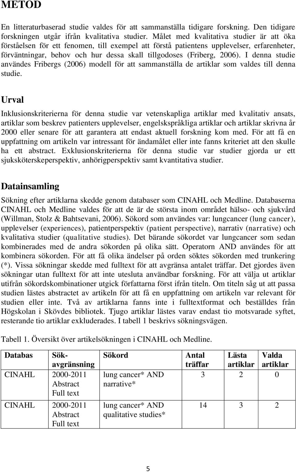 2006). I denna studie användes Fribergs (2006) modell för att sammanställa de artiklar som valdes till denna studie.