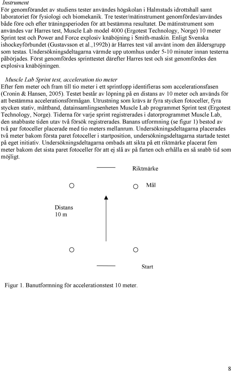 De mätinstrument som användes var Harres test, Muscle Lab model 4000 (Ergotest Technology, Norge) 10 meter Sprint test och Power and Force explosiv knäböjning i Smith-maskin.