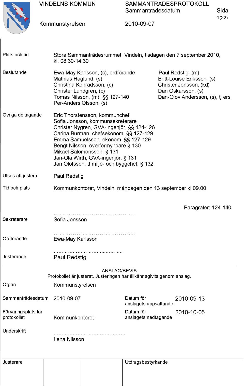 Oskarsson, (s) Tomas Nilsson, (m), 127-140 Dan-Olov Andersson, (s), tj ers Per-Anders Olsson, (s) Övriga deltagande Utses att justera Eric Thorstensson, kommunchef Sofia Jonsson, kommunsekreterare