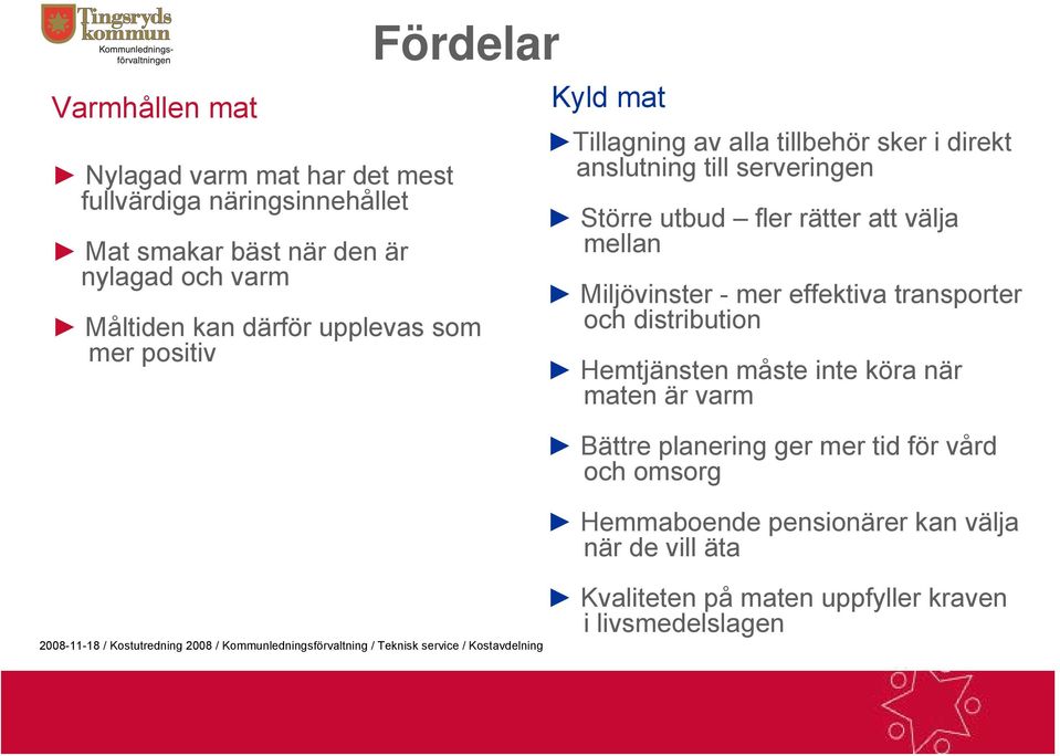 rätter att välja mellan Miljövinster - mer effektiva transporter och distribution Hemtjänsten måste inte köra när maten är varm Bättre