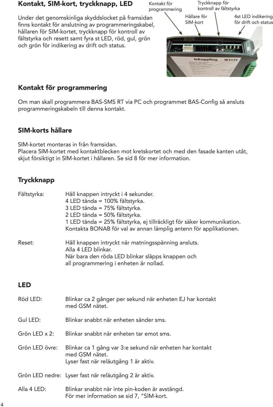 Kontakt för programmering Hållare för SIM-kort Tryckknapp för kontroll av fältstyrka 4st LED indikering för drift och status Kontakt för programmering Om man skall programmera BAS-SMS RT via PC och