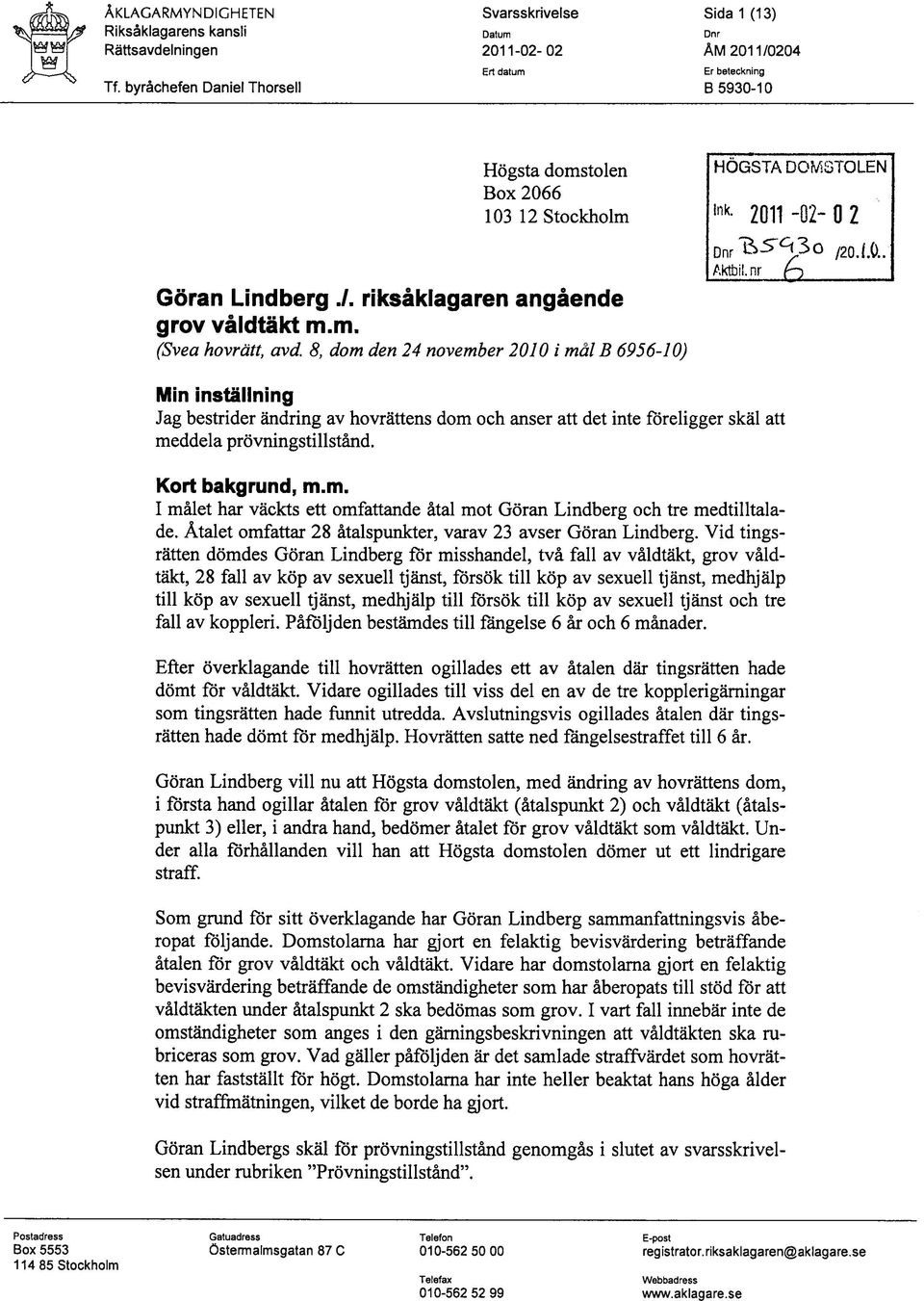 8, dom den 24 november 2010 i mal B 6956-10) Min inställning Jag bestrider ändring av hovrättens dom och anser att det inte föreligger skäl att meddela prövningstillstånd. Kort bakgrund, mm.