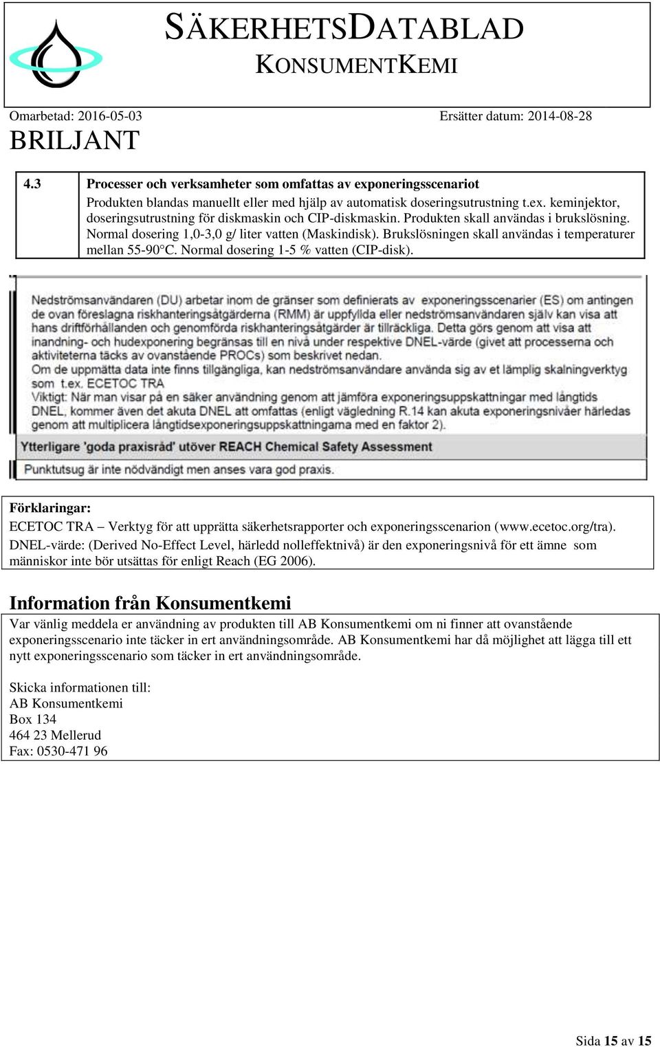 Förklaringar: ECETOC TRA Verktyg för att upprätta säkerhetsrapporter och exponeringsscenarion (www.ecetoc.org/tra).