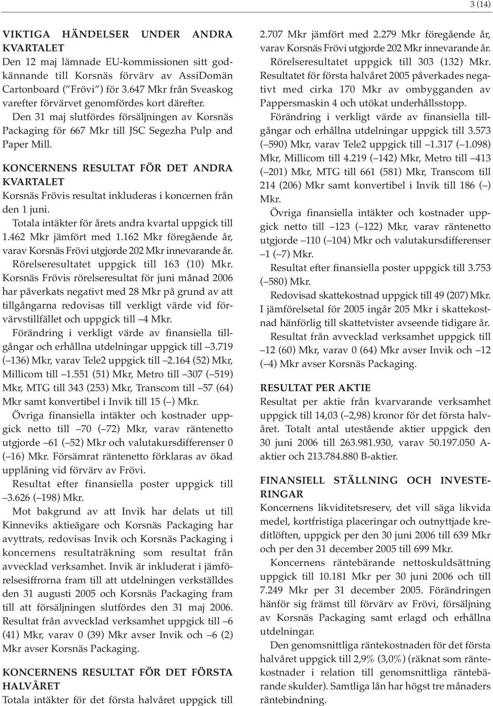KONCERNENS RESULTAT FÖR DET ANDRA KVARTALET Korsnäs Frövis resultat inkluderas i koncernen från den 1 juni. Totala intäkter för årets andra kvartal uppgick till 1.462 Mkr jämfört med 1.