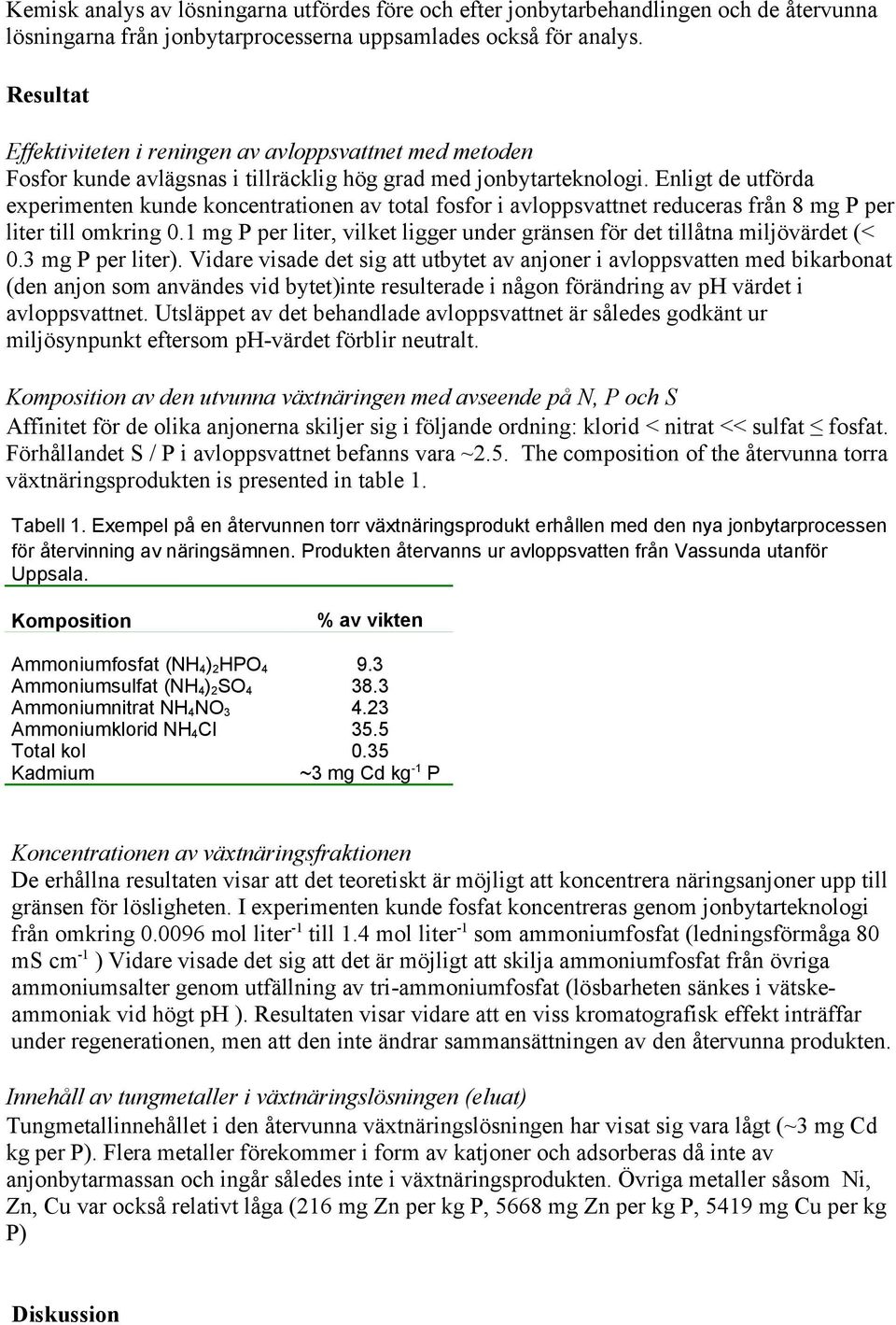 Enligt de utförda experimenten kunde koncentrationen av total fosfor i avloppsvattnet reduceras från 8 mg P per liter till omkring 0.