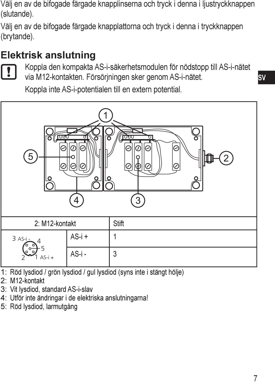 Elektrisk anslutning Koppla den kompakta AS-i-säkerhetsmodulen för nödstopp till AS-i-nätet via M12-kontakten. Försörjningen sker genom AS-i-nätet.