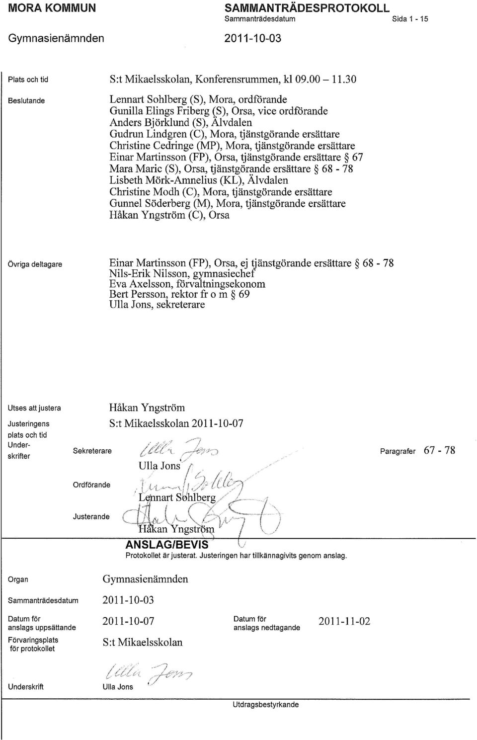 (MP), Mora, tjänstgörande ersättare Einar Martinsson (FP), Orsa, tjänstgörande ersättare 67 Mara Marie (S), Orsa, tjänstgörande ersättare 68-78 Lisbeth Mörk-Amnelius (KL), Älvdalen Christine Modh