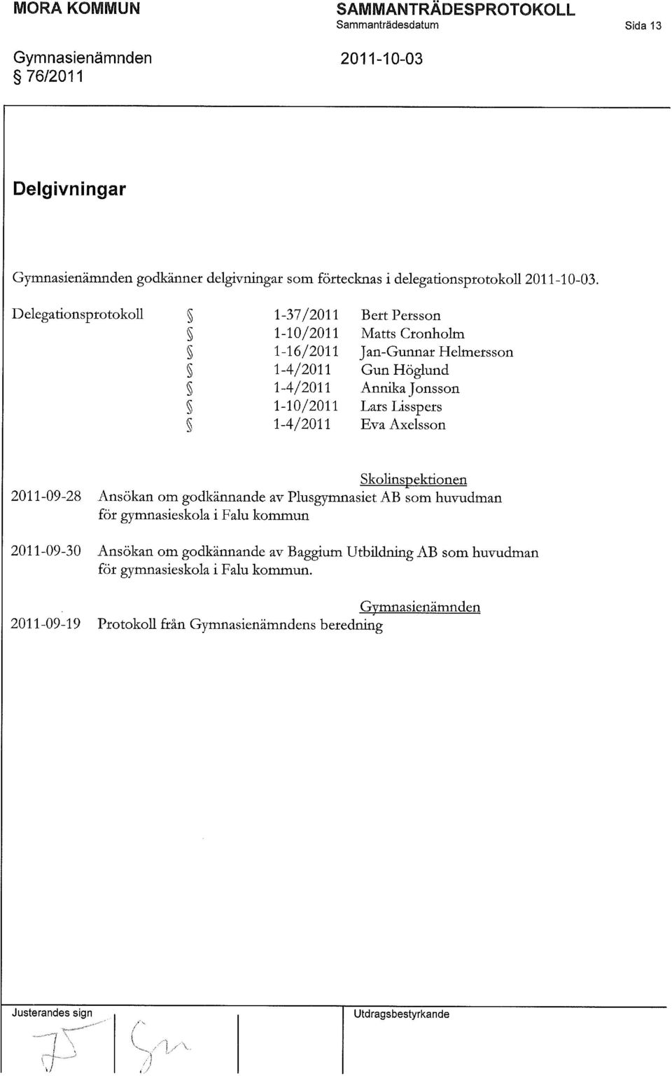 LarsLisspers 1-4/2011 Eva Axelsson Skolinspektionen 2011-09-28 Ansökan om godkännande av Plusgymnasiet AB som huvudman för gymnasieskola i Falu kommun 2011-09-30